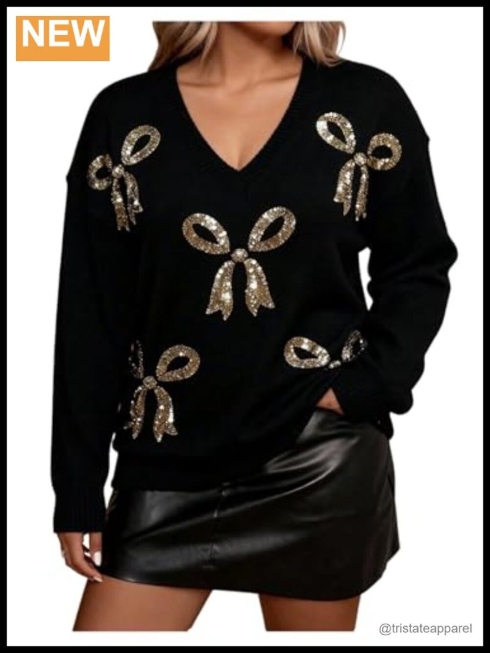 Plus Size Bow Sequin Baggy V-Neck Long Sleeve Pullover Sweater